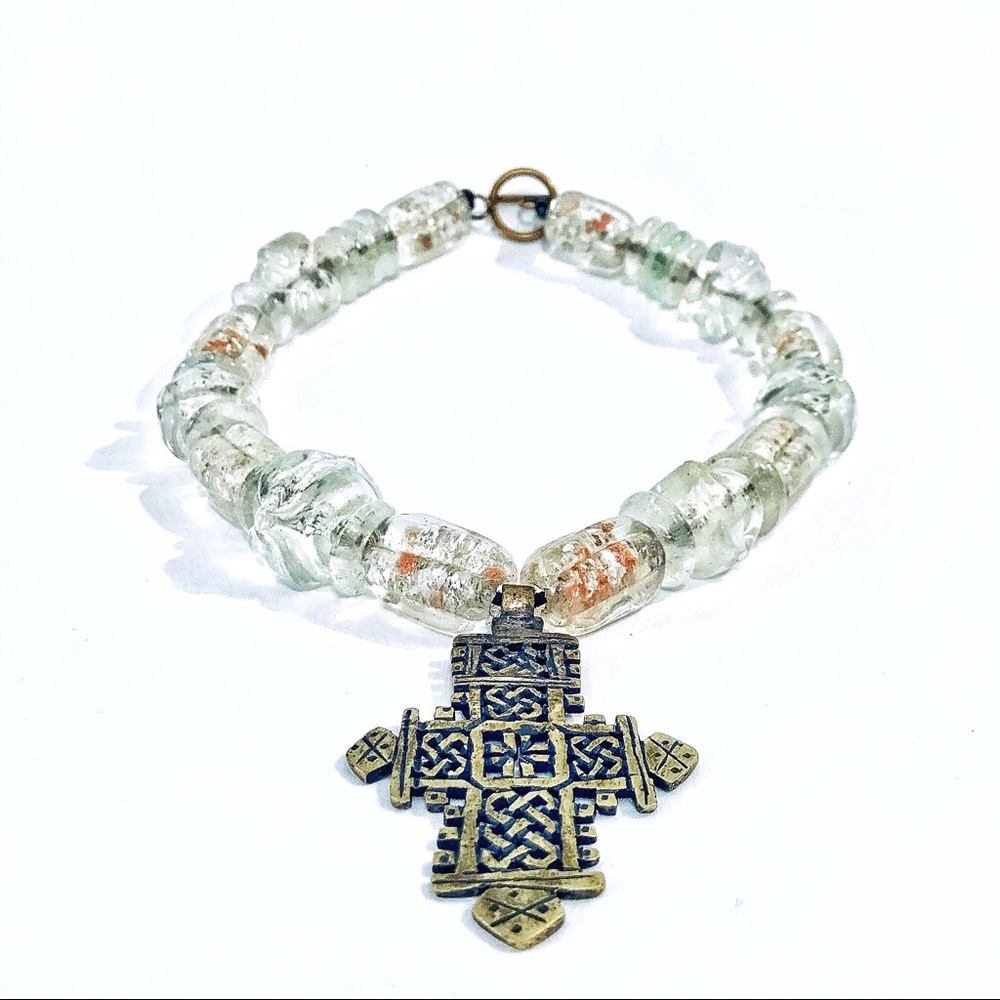 Large Glass Stone Cross Choker